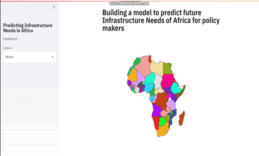 The Omdena-ACET Streamlit dashboard showing African countries mapped by region — the interface built to give government policymakers a forward-looking view of infrastructure needs.