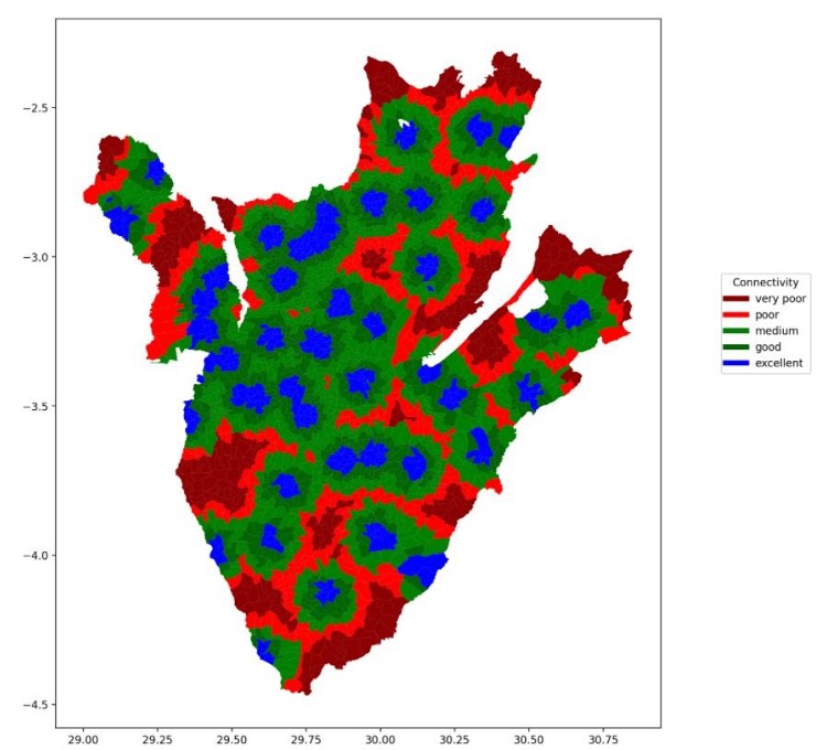QGIS spatial analysis output showing community-level connectivity scores in Burundi — distance to hospitals, commercial centers, powerlines, and roads mapped at administrative unit level.