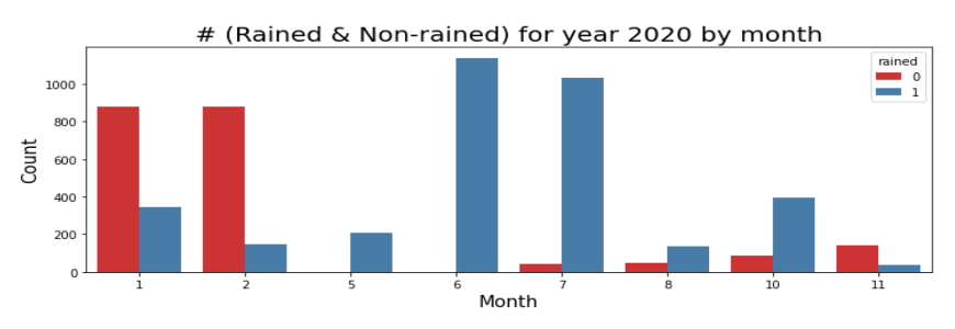 Rain and no-rain distribution by month for Douala, 2020. The contrast between January–February (predominantly no rain) and June–July (overwhelmingly rainy) illustrates the seasonal signal that any useful forecasting model must capture.