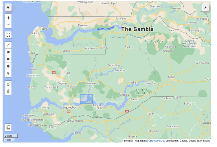 Interactive map interface of the yield prediction app. The user draws a region of interest directly on the satellite map — here, showing southern Senegal — triggering the GEE image retrieval, histogram generation, and CNN-LSTM inference pipeline, which returns the district yield estimate.