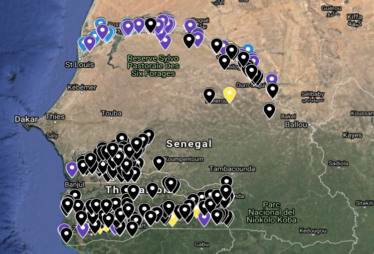 IPAR ground truth GPS locations across Senegal for Maize, Millet, Rice, and other crops. Ground truth points are geographically concentrated, with limited coverage across the north and east — directly shaping the model's capacity to generalise to undersampled regions.