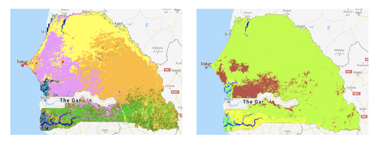 Side-by-side comparison of MODIS land cover (left) and Copernicus land cover (right) for Senegal. The MODIS product misclassifies significant cropland areas; the Copernicus dataset aligns substantially better with IPAR ground truth locations.