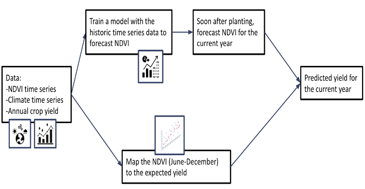 Time-series pipeline overview. Historical NDVI and climate data are used to train a SARIMA forecasting model that projects NDVI for the current season. A separate regression model then maps the forecast NDVI window to expected yield — enabling predictions before harvest data are available.