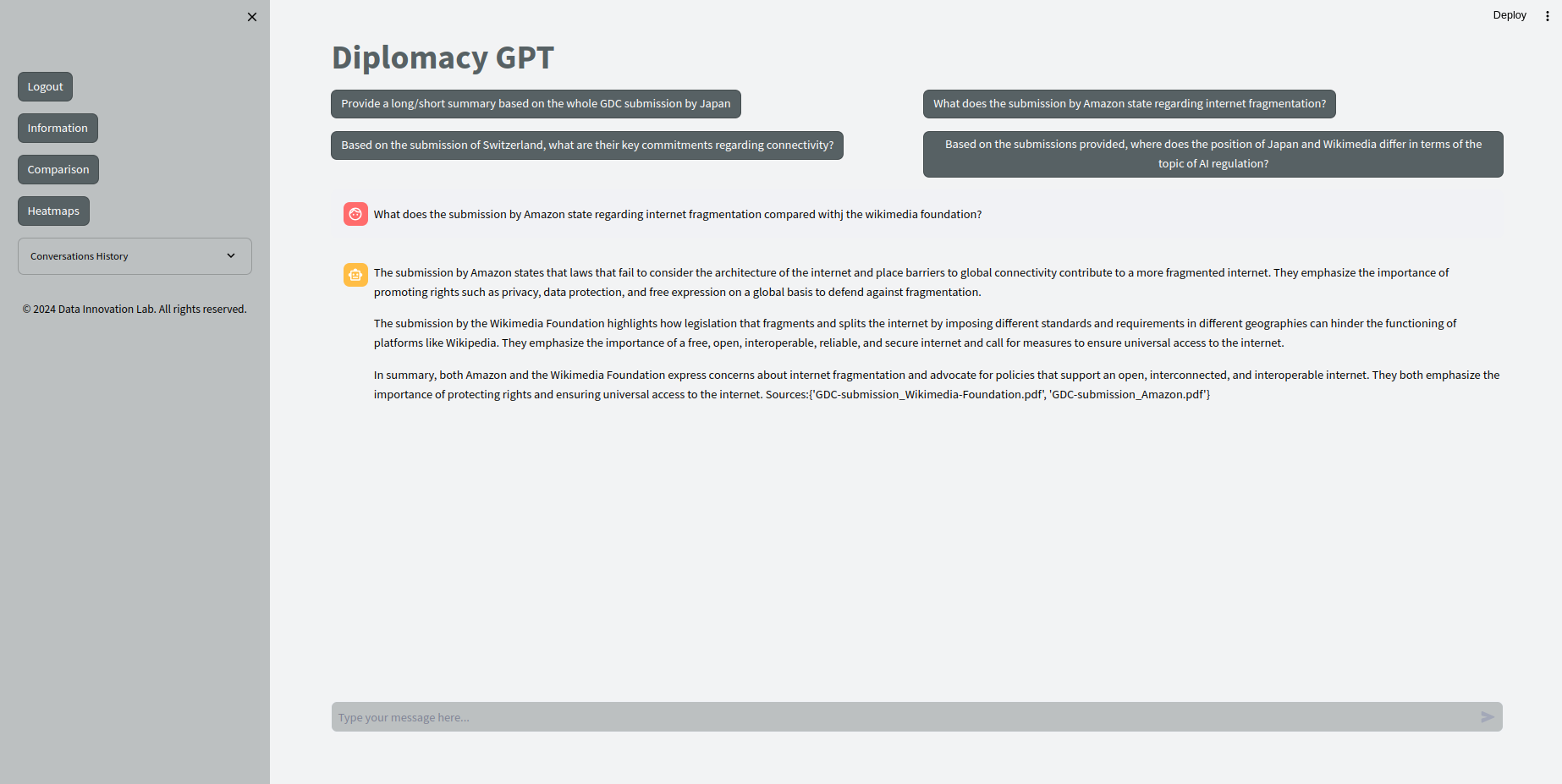 Diplomacy GPT chat interface — policy officer submits a comparative query and receives a sourced LLM-generated response, with sidebar navigation to Comparison, Heatmaps, and Conversation History pages. 