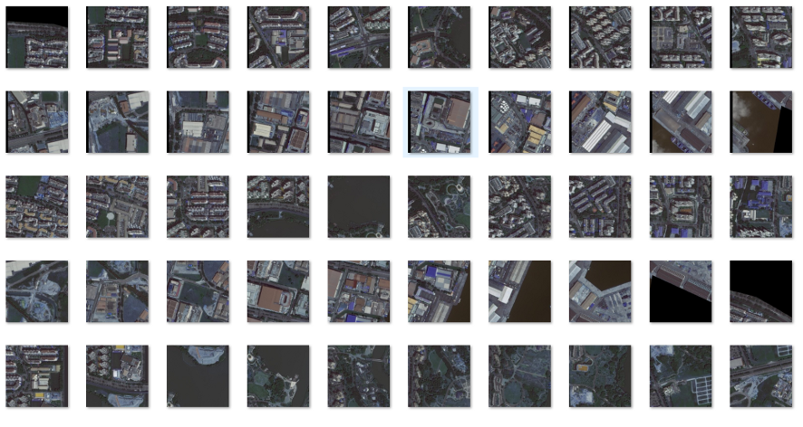 Satellite image tiles created from the high-resolution Singapore imagery. Each tile is an independent analytical unit, capturing local rooftop detail without overwhelming computational resources.