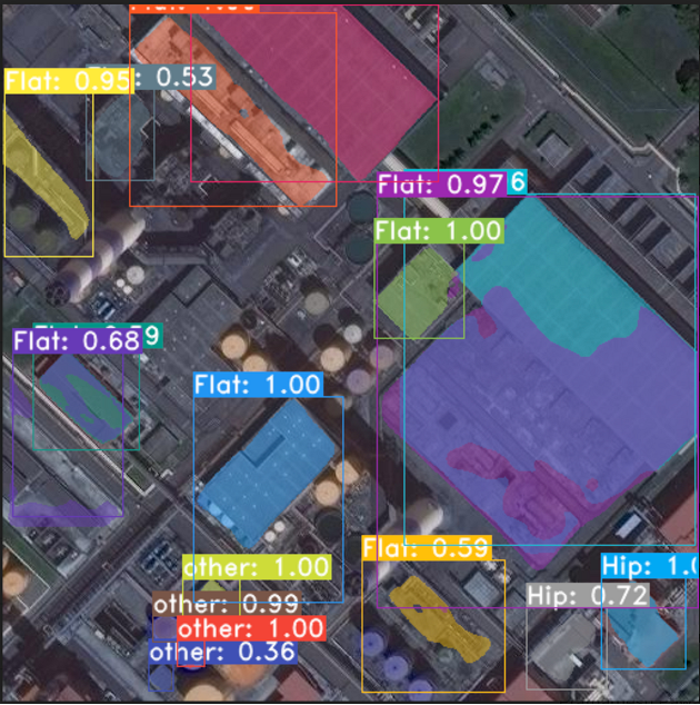 Instance segmentation output from the Mask R-CNN model, showing pixel-level roof boundary delineation across individual buildings in the Singapore dataset.