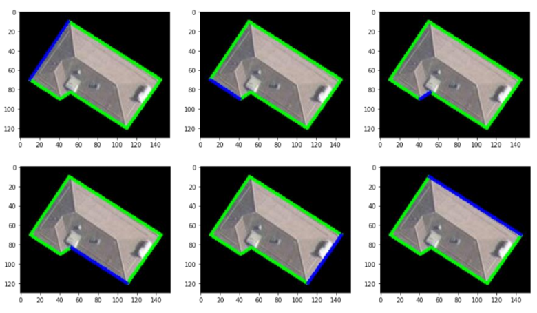 Orientation detection output showing azimuth direction mapped across individual roof facets. The pipeline determines which sections of each roof receive the most productive sun exposure for panel placement.