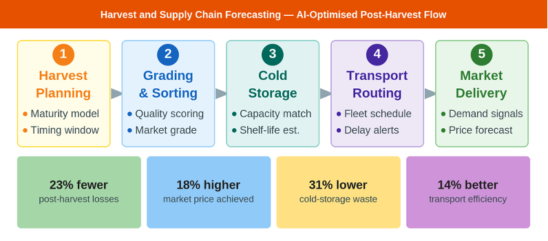 AI-integrated supply chain flow from harvest planning through market delivery, with indicative KPI improvements from field deployments.