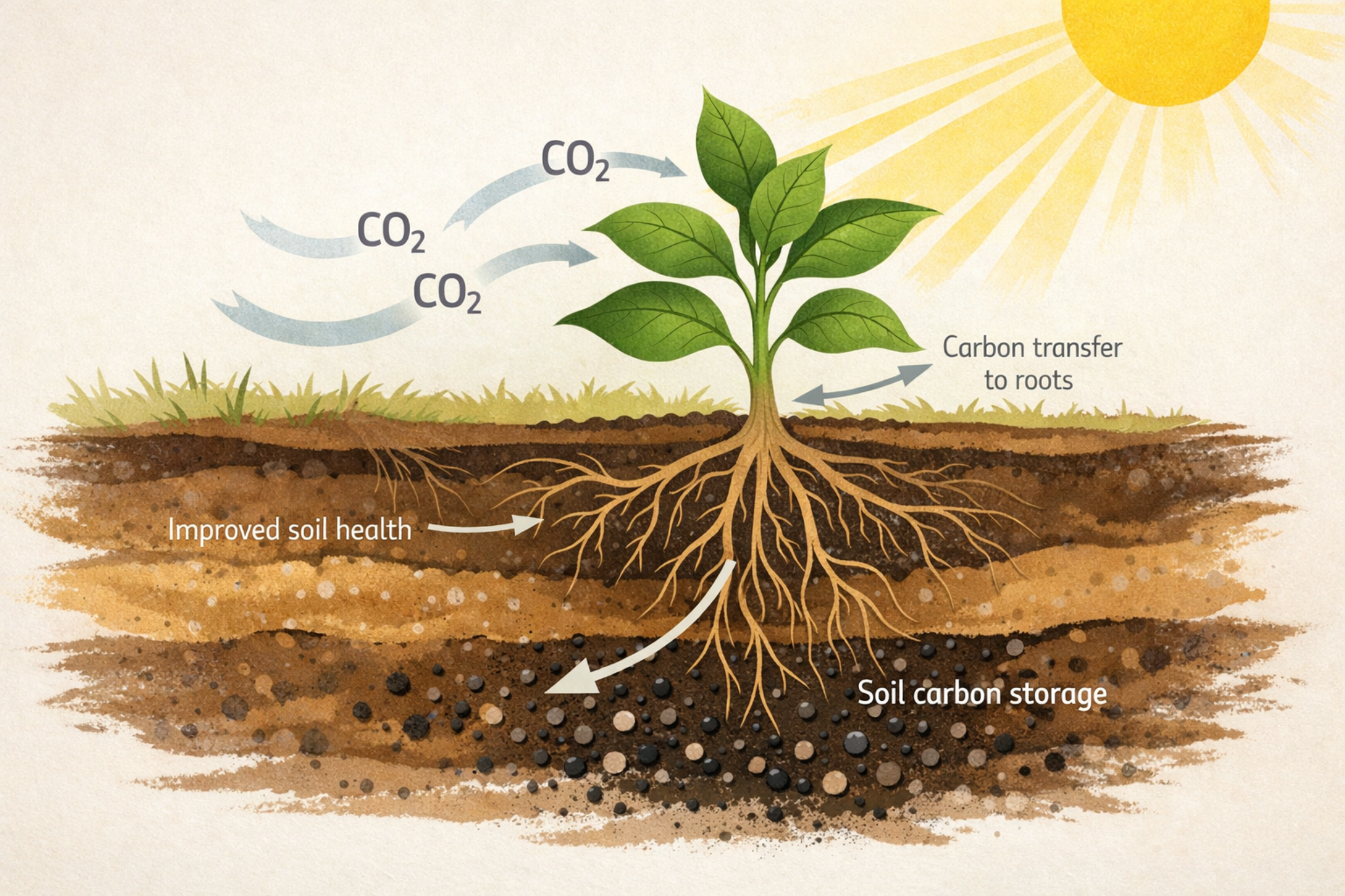 Carbon farming captures CO₂ and stores it in soil through natural plant and root processes. 