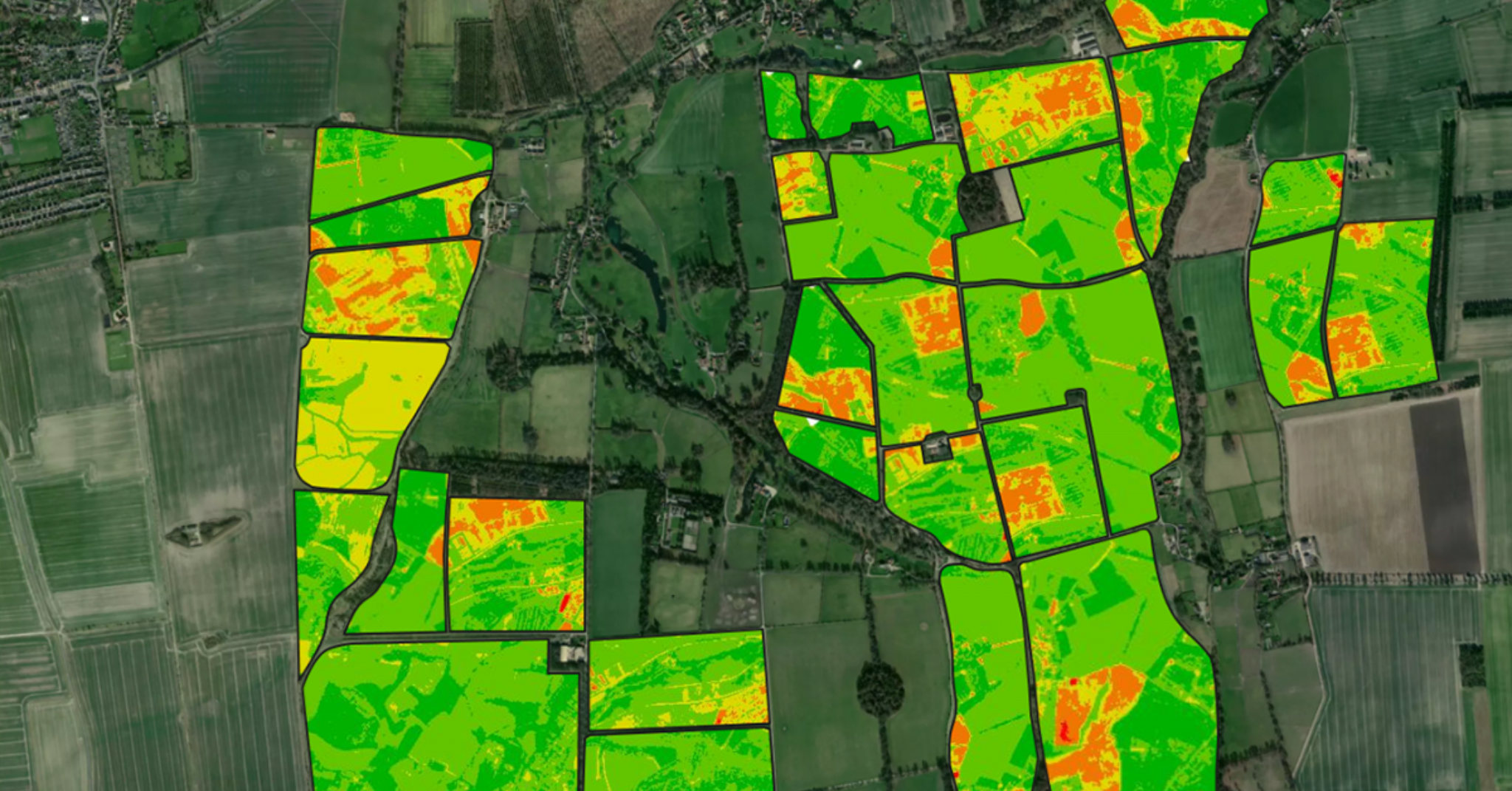 Satellite-based AI analysis of farmland with data overlay for carbon credit verification.