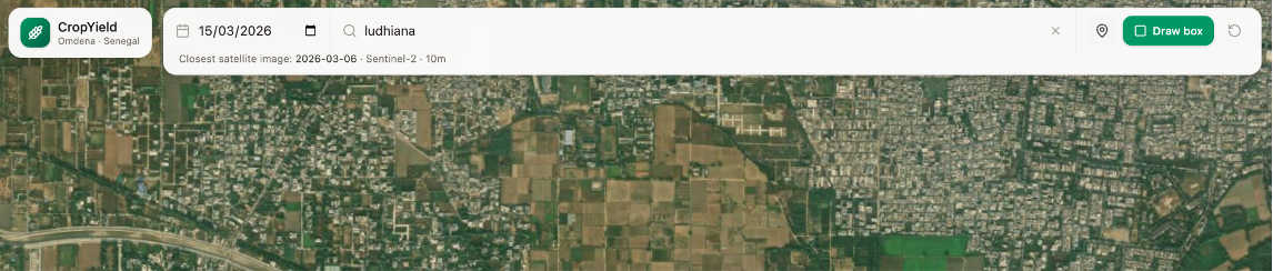 Users can search agricultural regions and select the desired satellite imagery timeframe for analysis.