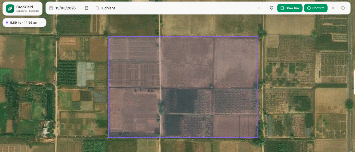 Using the interactive GIS interface, users can draw a boundary around farmland or agricultural regions directly on the map.