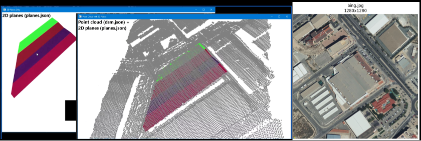 Three-way data representation for a single industrial rooftop: coloured 3D planes (left), the corresponding point cloud in the spatial context (centre), and aerial imagery georeferenced to the same location (right).