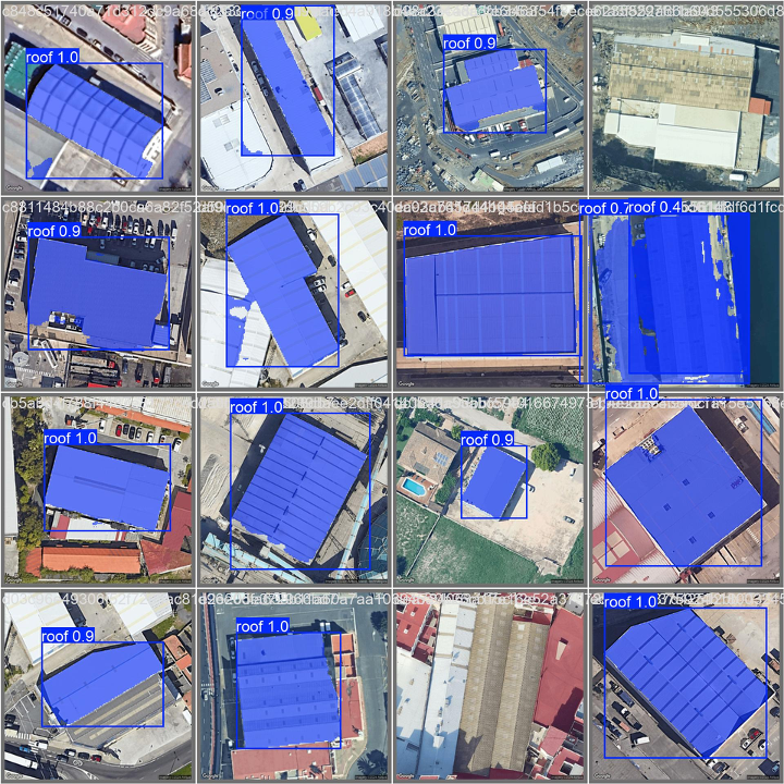 YOLOv11 inference results across a sample of industrial rooftops from the validation set. Detection confidence scores of 0.9 and 1.0 across different building orientations, sizes, and roof types demonstrate consistent model performance.
