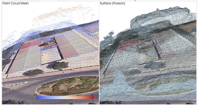 SAM2 segmentation applied to two large industrial warehouses. The blue masks show pixel-accurate roof boundaries produced from YOLOv11 bounding-box prompts, capturing irregular edges and roof features that bounding boxes alone would miss.