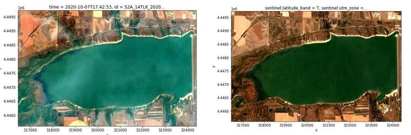 Cloud cover removal on Utah Lake: before (left) and after (right) applying the S2 cloudless pipeline. Cloud-masked pixels are removed to leave clean surface data for spectral analysis.