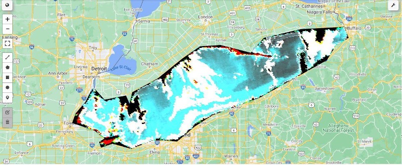 Algal bloom detection on Lake Erie using MODIS MYDOCGA V6 imagery. The system classifies bloom-present and clean zones across the reservoir surface, producing a spatial water quality risk map.