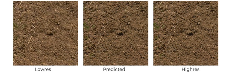 Super-resolution comparison: low-resolution input (left), DCSCN predicted output (centre), ground truth high-resolution reference (right). The predicted output recovers leaf edge detail and texture lost in the low-resolution input, enabling reliable detection on imagery that would otherwise be too coarse.