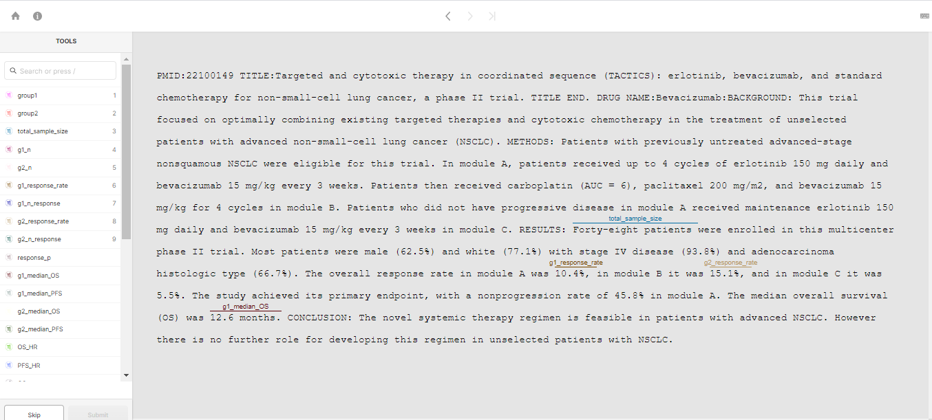 he Labelbox annotation interface showing the full entity type taxonomy on the left and inline annotations on a real clinical abstract — entities including total_sample_size, g1_response_rate, g2_response_rate, and g1_median_OS are highlighted directly in the text.