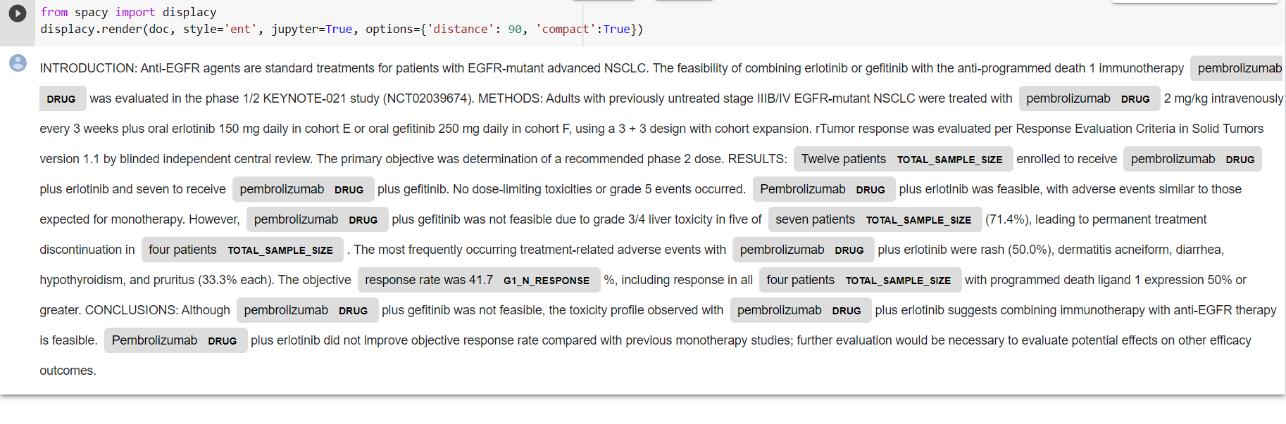 spaCy displacy visualization of named entity recognition output on a real clinical abstract — DRUG, TOTAL_SAMPLE_SIZE, and G1_N_RESPONSE entities are tagged inline, demonstrating the EntityRuler pattern matches on clinical text. Image source: Omdena.